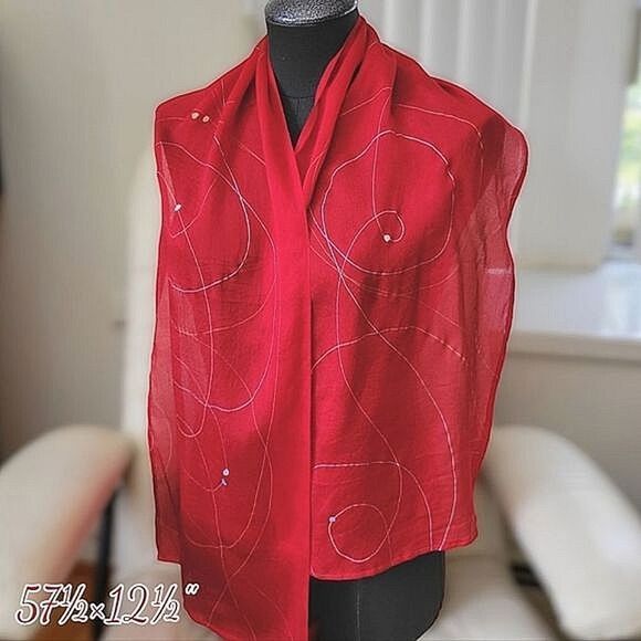 Vtg sheer crimson chiffon printed long scarf - Picture 1 of 7